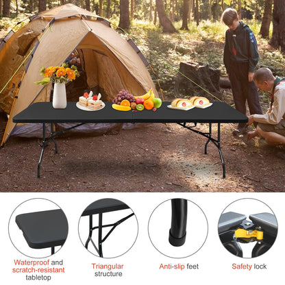LSKSSNG Portable 8Ft Folding Table, Heavy Duty Plastic Fold-in-Half Utility Foldable Dining Table, Multi-Purpose Plastic Folding Table with Carrying Handle for Camping and Party Indoor/Outdoor (Black)