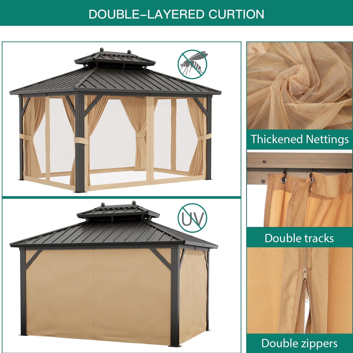 10' x 10' Permanent Hardtop Gazebo with Curtains & Netting – Outdoor Patio Gazebo with Aluminum Frame & Double Metal Roof for Backyard, Lawn, Deck, or Garden (Brown)