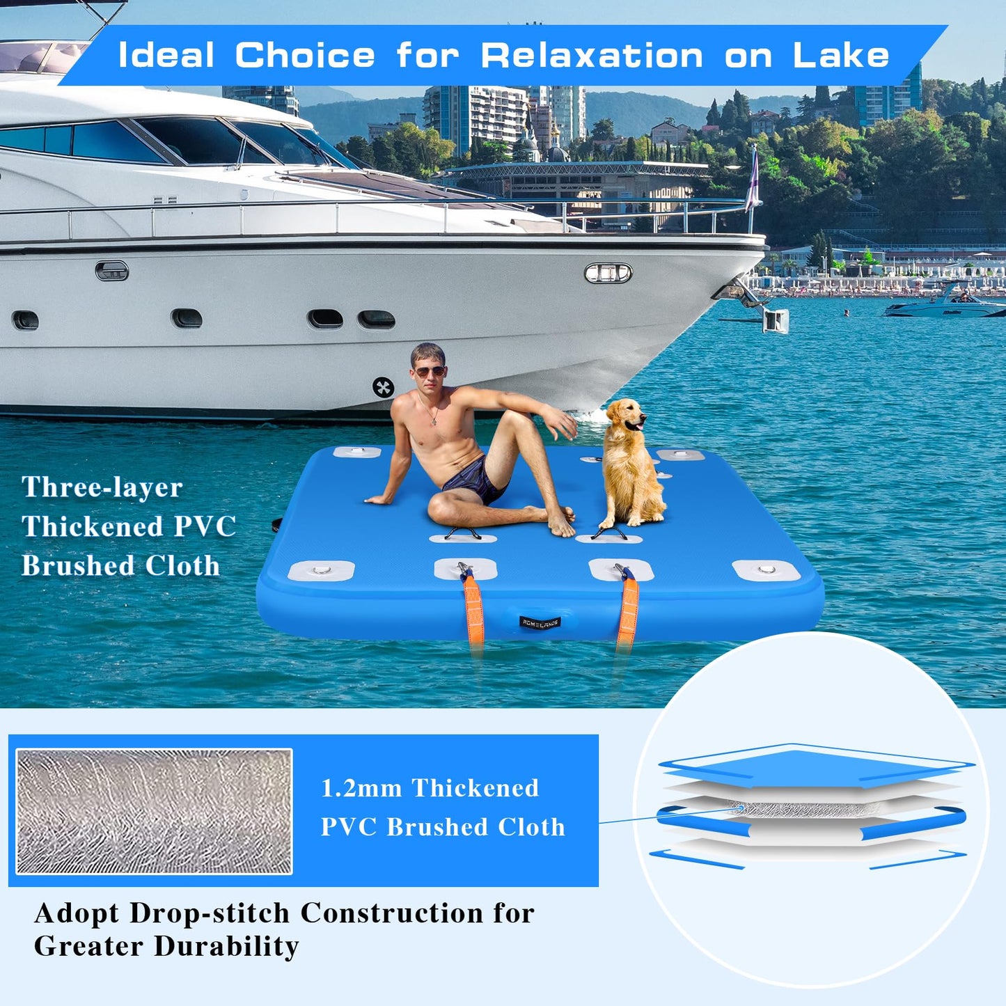 ROMELANDS Inflatable Floating Dock, Swim Platform Floating Island Raft, Large Air Mat Inflatable Water Pad with None-Slip Surface for Lake Pool Beach Ocean