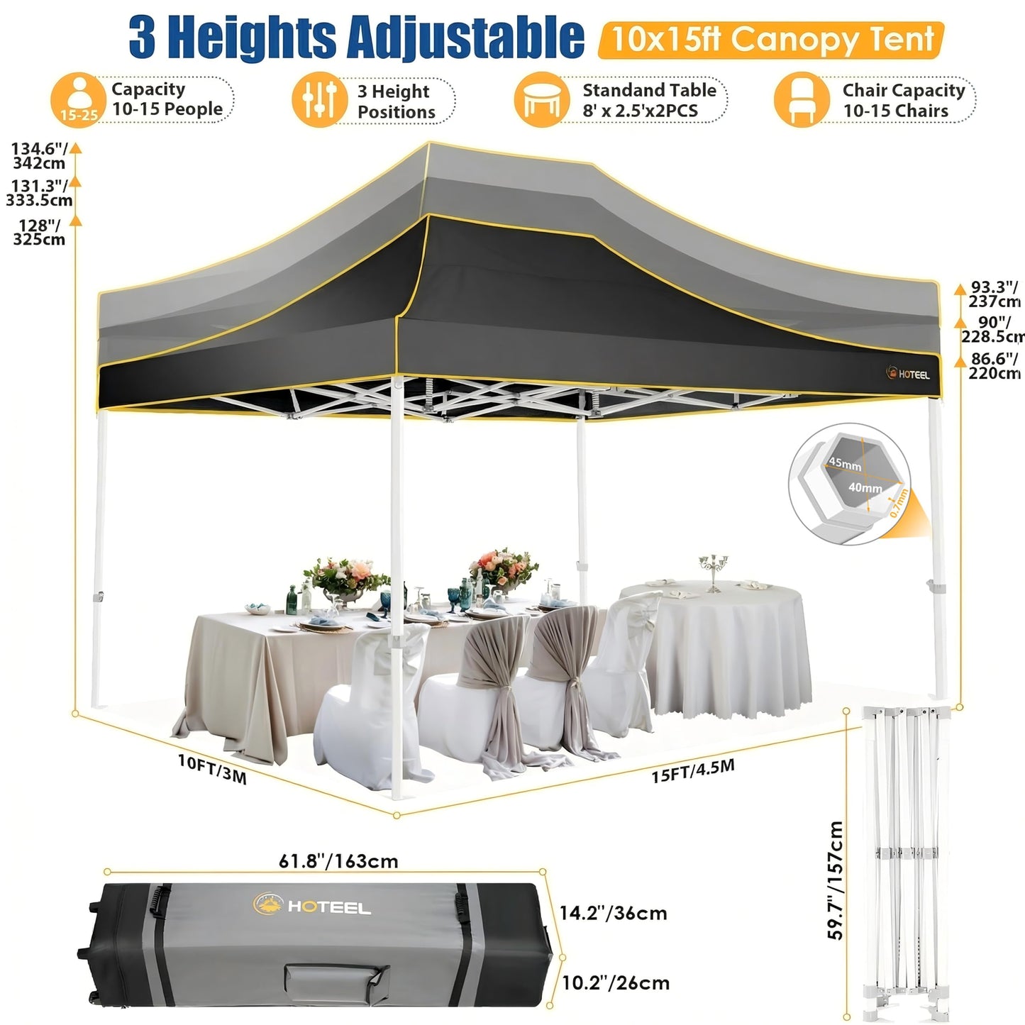 HOTEEL 10x15 Heavy Duty Pop up Canopy Tent for Parties with 4 Sidewalls, Easy Setup Outdoor Commercial Instant Gazebo for Wedding Event, with Roller Bag & Sand Bags, Black(Hexagonal Frame)