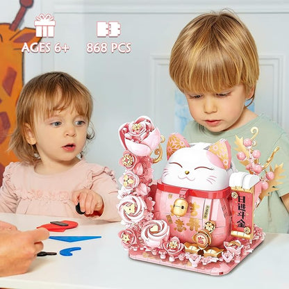 Lucky Cat Building Block Set Compatible with Lego Cat 868Pcs Cute Fortune Cat with Flowers Building Blocks Christmas Birthday Creative Gift for Girls Boys Adult (Pink Cat)