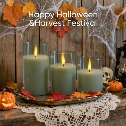5plots Glass Battery Operated Green Flameless Candles with Remote Timer, 3D Wick Real Wax Pillar Led Candles Warm Flickering Light for Indoor Home, Halloween, Christmas Decor D3 x H4 5" 6", Set of 3