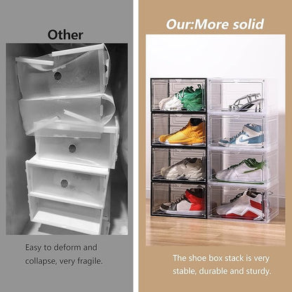 Clear Shoe Box Plastic Stackable Upgraded 6 Pack Shoe Storage Box Organizer with Clear Large Magnetic Door for Display Sneakers Easy Assembly White