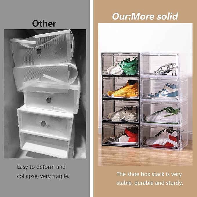 Attelite Large Clear Shoe Box OrganizerPlastic Stackable Shoe Storage Box with Magnetic Door Large Clear Door Shoe Containers for Display Sneakers Easy Assembly（Black）