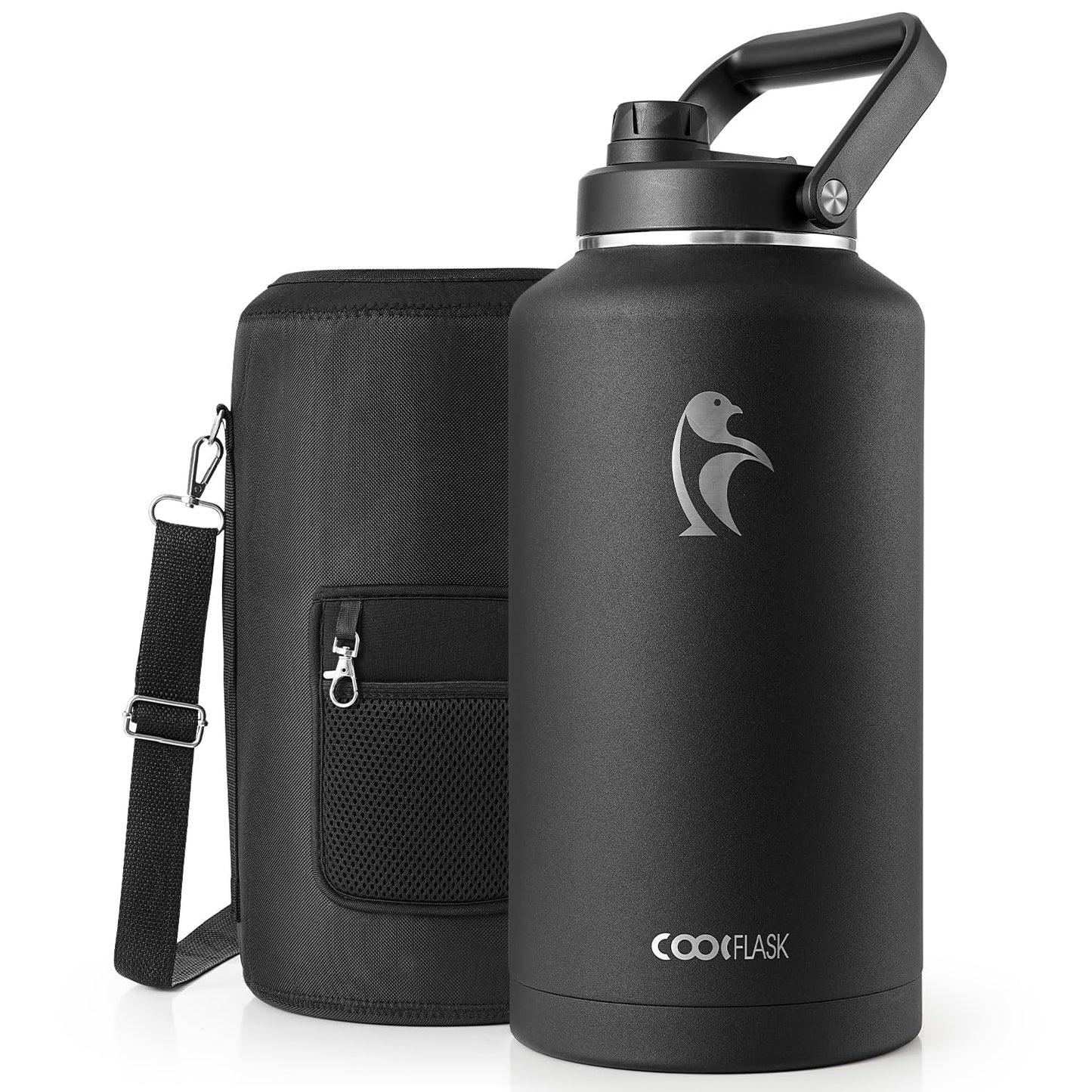 Coolflask Titan 2 Gallon Insulated Water Bottle, 256 oz Large Water Jug Stainless Steel with Leakproof Handle Spout Lid & Sleeve, Wide Mouth Metal Flask for Camping or Work, Magic Black