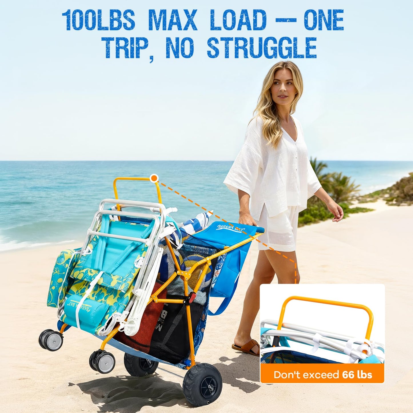 Old Bahama Bay Heavy Duty Beach Cart with 9” Balloon Wheels, All-Terrain Sand Wagon Replacement, Inflatable Big Wheels for Soft Sand, Foldable Beach Gear Carrier with Cooler & Umbrella Holder, 100lbs