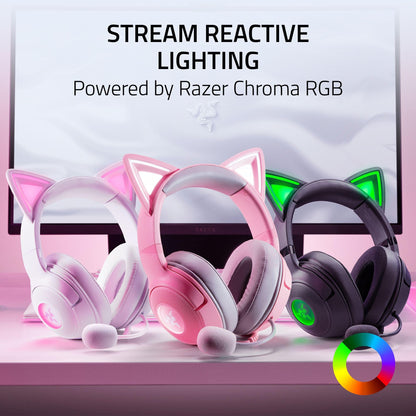 Razer Kraken Kitty V2 USB Wired Headset: Chroma RGB Kitty Ears - Stream Reactive Lighting - HyperClear Cardioid Mic - 40 mm Drivers - 7.1 Surround Sound - Comfortable Ear Cushions - White