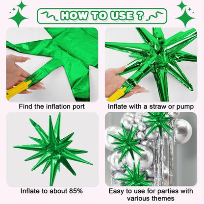 Black Green Star Balloon,6Pcs 22Inch Explosion Star Balloons and 10Pcs 10Inch Four Angle Balloons Kit for Birthday Halloween Anniversary Baby Shower Wedding Party Decorations