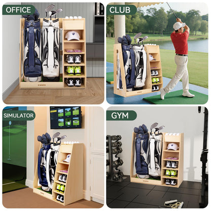 WINGYZ Premium Birch Plywood Golf Bag Storage for 2 Bags | 36lb Rock-Solid Golf Bag Organizer | 7-Shelf Command Center | Artificial Turf 12-Ball Display | No Wall Mounting Required (Natural)
