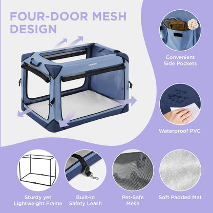 Lesure Collapsible Dog Crate - Portable Travel Kennel for Extra Large Dog, 4-Door Pet Crate with Mesh Windows, Indoor & Outdoor, Blue