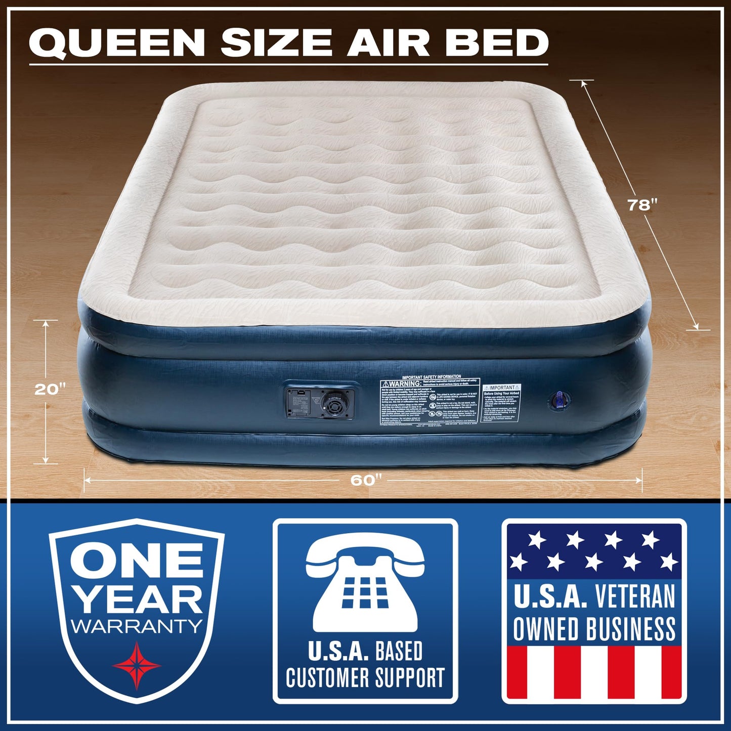 Pittman Outdoors Queen Air Mattress – 20” Deluxe Blue Double High, Queen Air Mattress with Built in Pump, 600lb Capacity, Portable Inflatable Bed with Carry Bag, Blow Up Mattress for Home & Travel