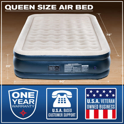 Pittman Outdoors Queen Air Mattress – 20” Deluxe Blue Double High, Queen Air Mattress with Built in Pump, 600lb Capacity, Portable Inflatable Bed with Carry Bag, Blow Up Mattress for Home & Travel