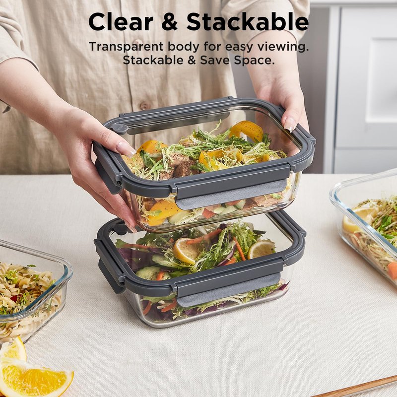 Spreccio Glass Food Storage Containers with Lids, 5 Pack of 36oz, Glass Meal Prep Container with Airtight Lids, Microwave Safe Food Container Set, BPA Free, LeakProof, Ideal for Lunch