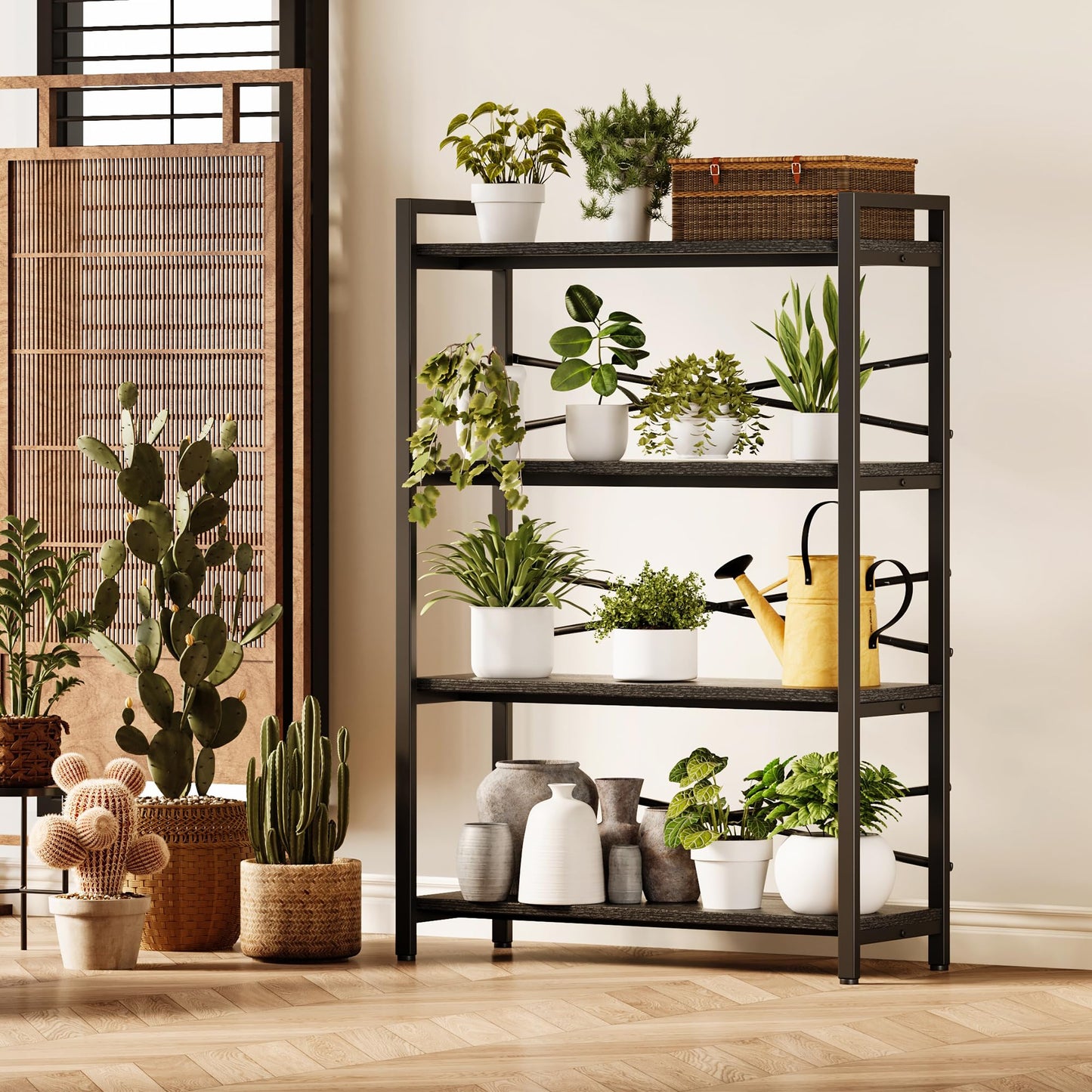 4 Tier Bookshelf 31.49" Width, Tall Book Shelf Storage and Organization, Wooden and Metal Industrial Bookcase, Large Book Shelves for Home Living Room Bedroom Office Storage(Black)