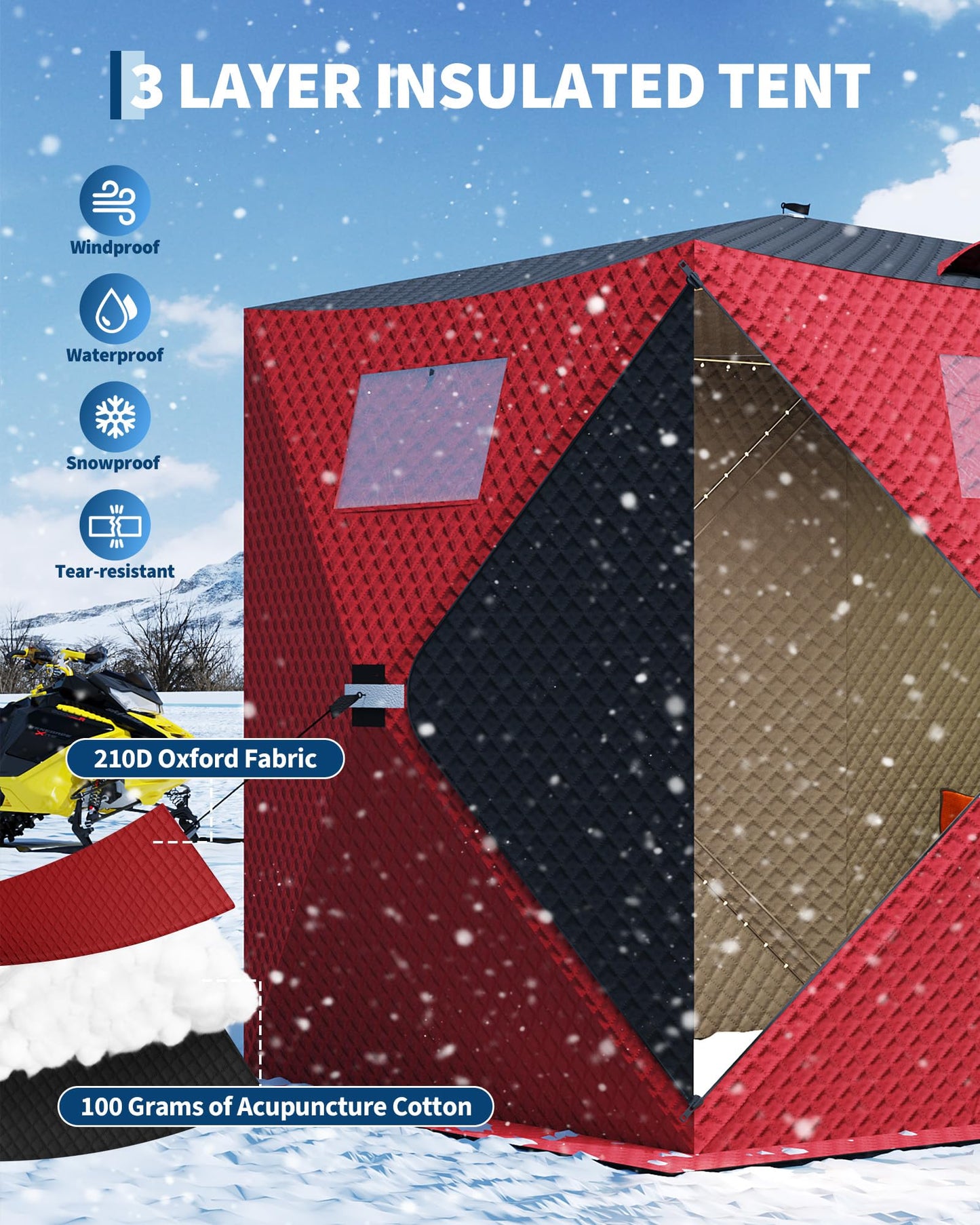 Garvee Pop-up Ice Fishing Tent for 3-4 Persons, Hub-Style Insulated Portable Ice Fishing Shelter with Carrying Bag, Zippered Door, Wind Rope & Anchors, Red