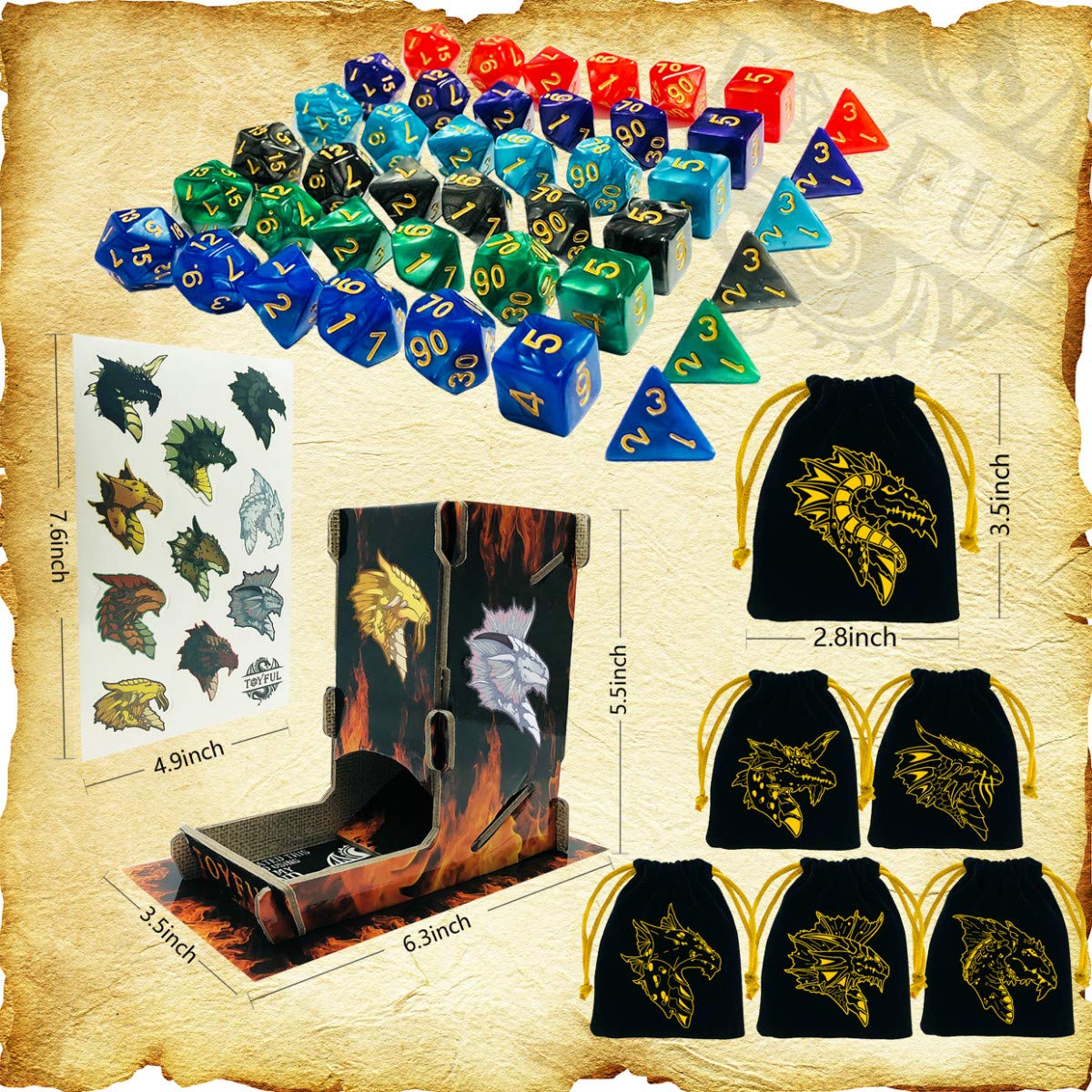 TOYFUL 6 Sets DND Dice Polyhedral Dungeons and Dragons DND RPG MTG Table Game Dice Bulk with Free Six Drawstring Bags and D&D Dice Tower Black