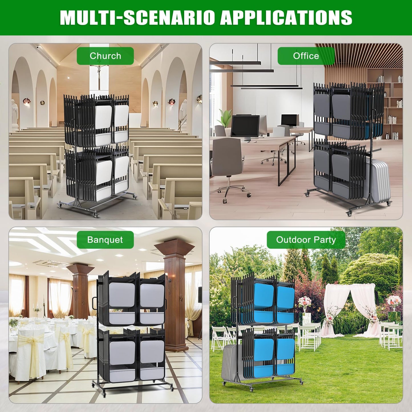 Dolibest Heavy Duty Folding Chair Cart, Folding Chair Rack & 4 Locking Swivel Wheels 48 Chairs/ 24 Chairs +12 Tables, Folding Chair Storage Dolly for Event, Church, Garage, Capacity Up to 1,000 lbs
