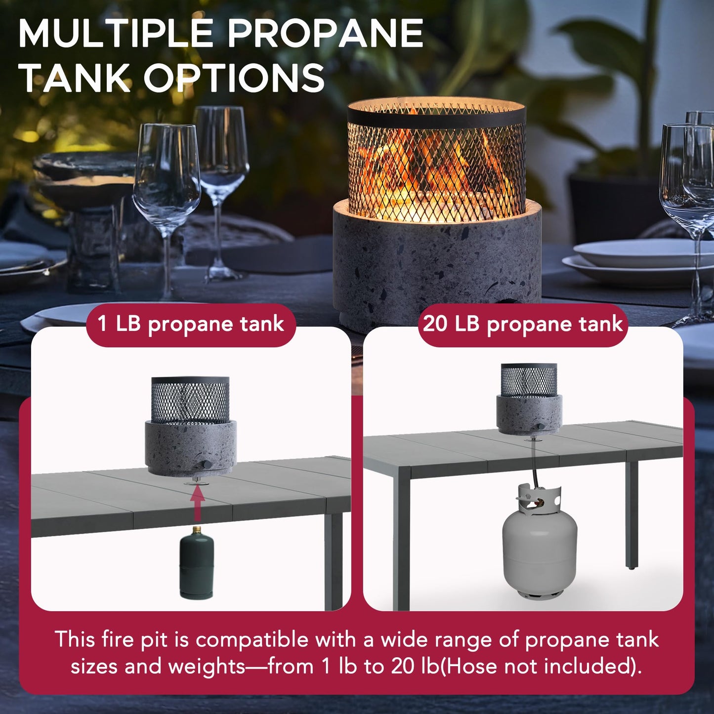 SUNJOY 11000 BTU Tabletop Gas Firepit for Outdoor, 10 Inch Round Tabletop Propane Gas Fire Pit Bottom-Mounted for Table with Umbrella Hole, Portable Smokeless Fireplace with Glass Shield and PVC Cover