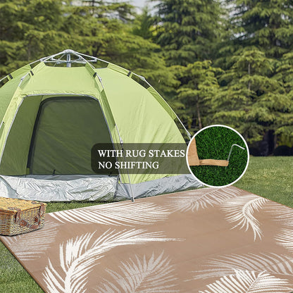 Pauwer Waterproof Outdoor Rug 10x14, Reversible Plastic Straw Patio Camping Rug, Indoor Outdoor RV Mat Carpet for Deck, Camper, Porch, Balcony, Backyard, Picnic, Leaf Brown