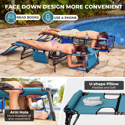 FUNDANGO 4 in 1 Tanning Chair with Face Hole, Beach Lounge Chair with Canopy Shade & Side Table Chaise Lounge Chairs for Patio, Pool, Lawn, Sunbathing, 5-Position Adjustable Sun Lounger, Cyan