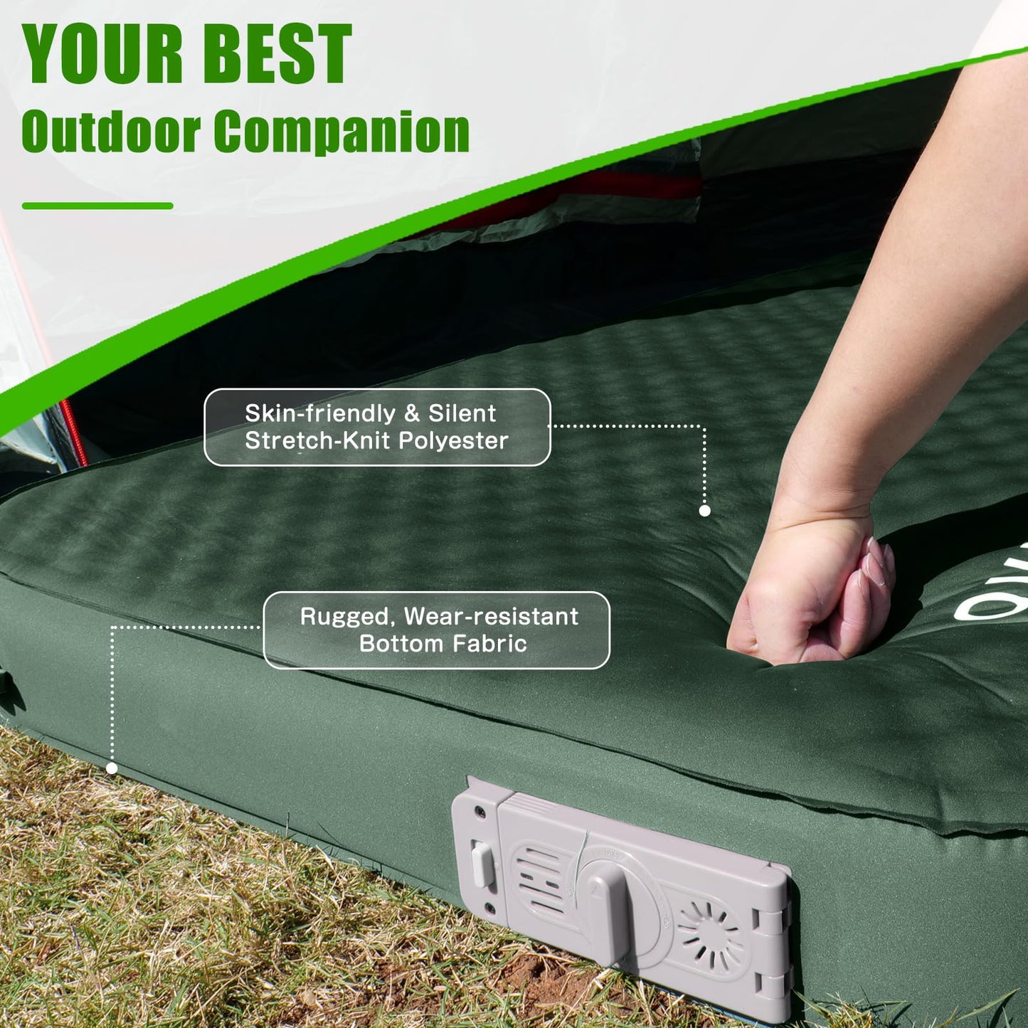 NYECHTO Self Inflating Sleeping Pad for Camping, 4" Extra-Thick Memory Foam Camping Mattress with Electric Pump, Fast Inflate & Deflate,9.5 R-Value Insulated Camping Pad for Car Travel Tent Cot, Green