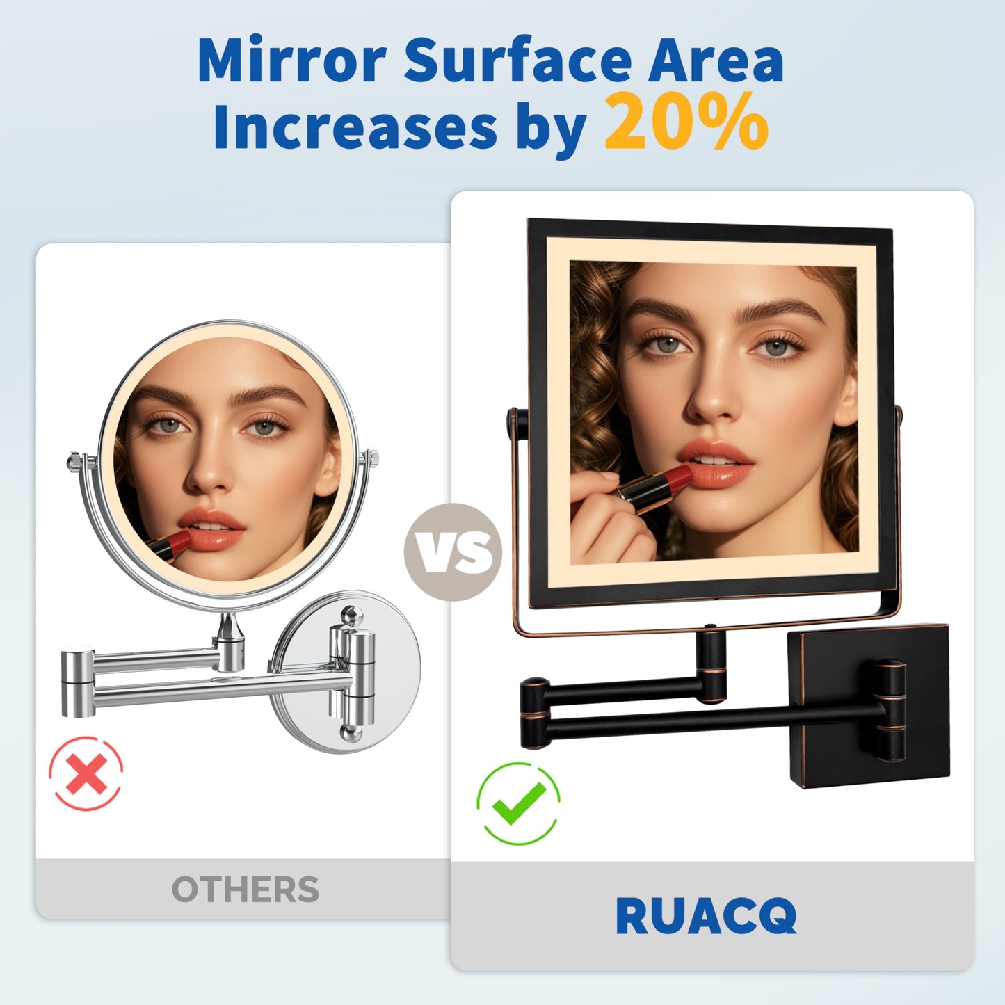 Ruacq Rechargeable Wall Mounted Makeup Mirror with Lights, Double Sided 1X/10X Magnifying Vanity Mirror with 3 Color Lighting, Touch Screen Dimmable, 360° Rotation Extension Foldable Arm(Matte Black)