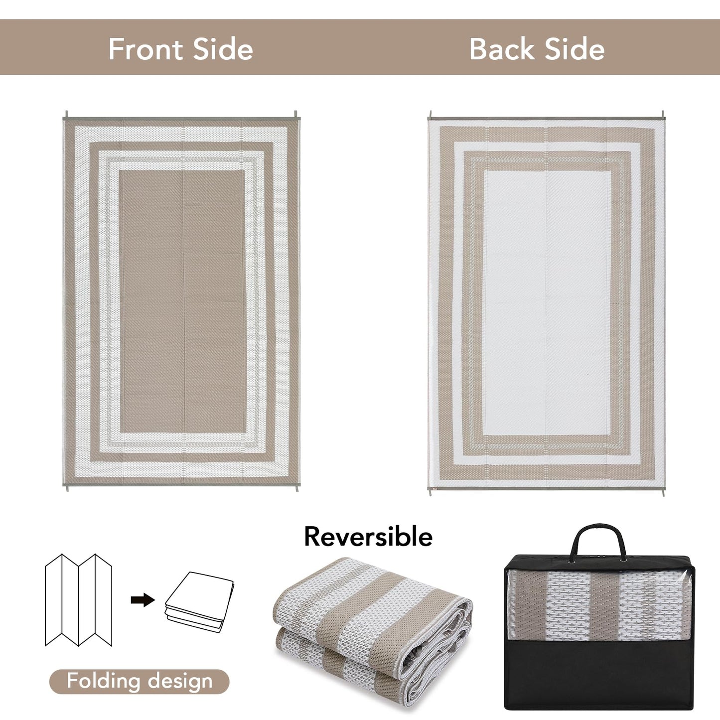 GarveeHome Outdoor Patio Rug 10x20 Plastic Straw Rug Waterproof Large Outdoor Rugs Reversible Portable Camping Rugs Lightweight Floor Mat for RV Porch Balcony Patios Picnic Outside Grey Beige Panel