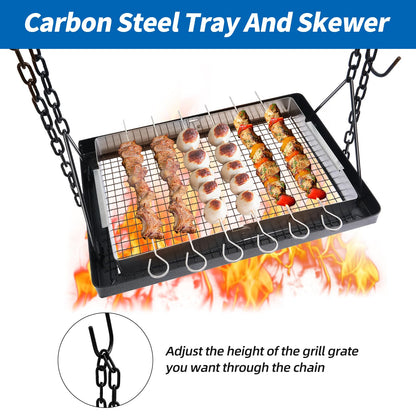 HONYTA Campfire Swing Cooking Grill Stand, Portable Hanging Cooking Rack with Collapsible Legs Adjustable Grill Grate and Hooks for Outdoor BBQ Picnic Cookware Party