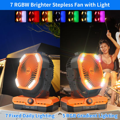 WESTTREE Battery Operated Large Airflow Fan,45000mAh Rechargeable Camping Cordless Fan with 360°Auto Oscillation & Timer, Queit Battery Powered Tent Fans Portable with RGBW Lights for Home X66 Orange