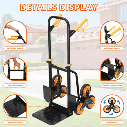 Heavy Duty Stair Climbing Dolly, 380lb Capacity Folding Hand Truck with 5.9” Tri-Wheel, Portable Stair Climber Cart for Moving Furniture Groceries Boxes Laundry, Back-Saving Tool for Apartment Home