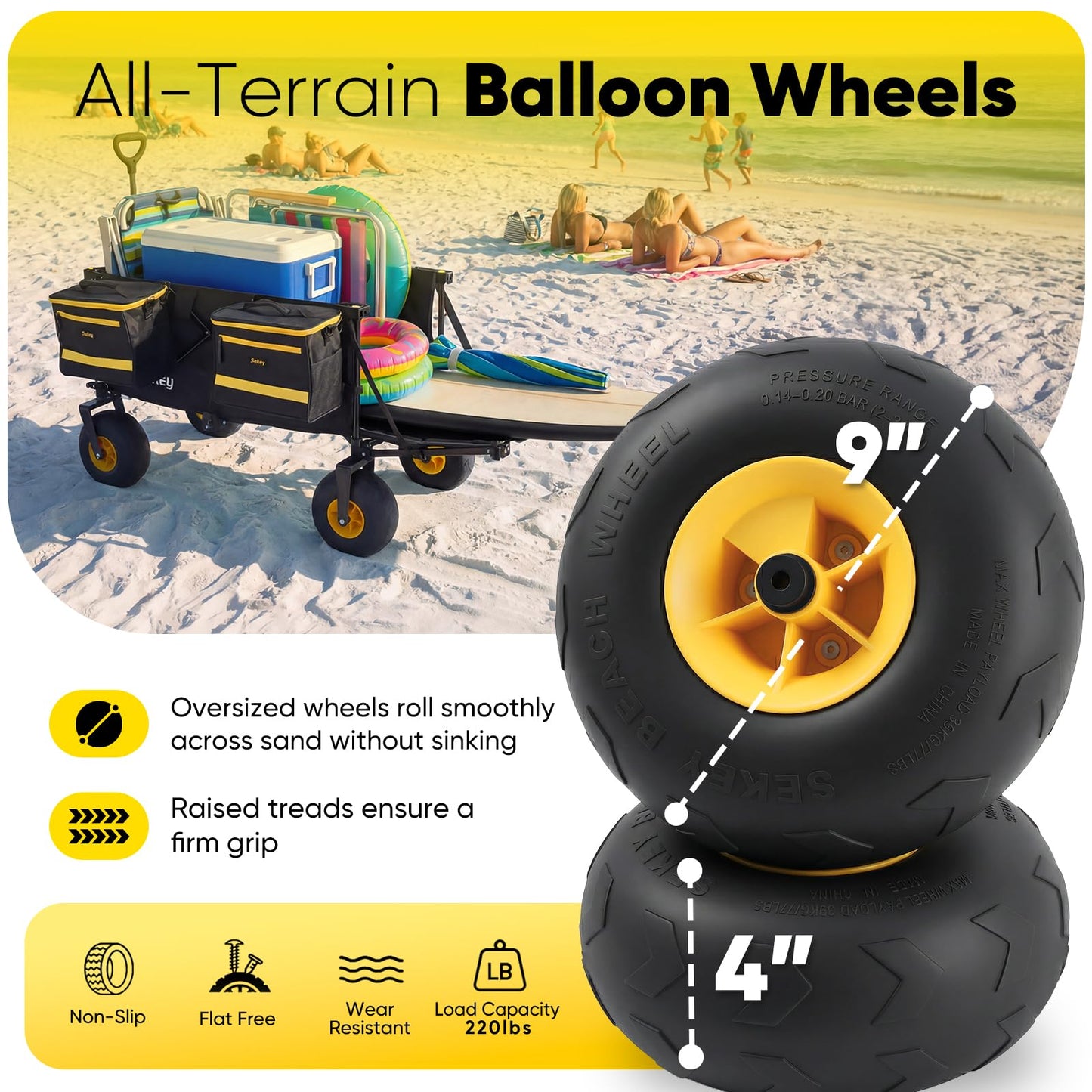 Sekey Heavy Duty Beach Wagon with 9" Big Sand-Proof Wheels, 300L Oversized Foldable Beach Cart with Cooler| Adjustable Handle & Balloon Tires for Sand, Camping,Vacation