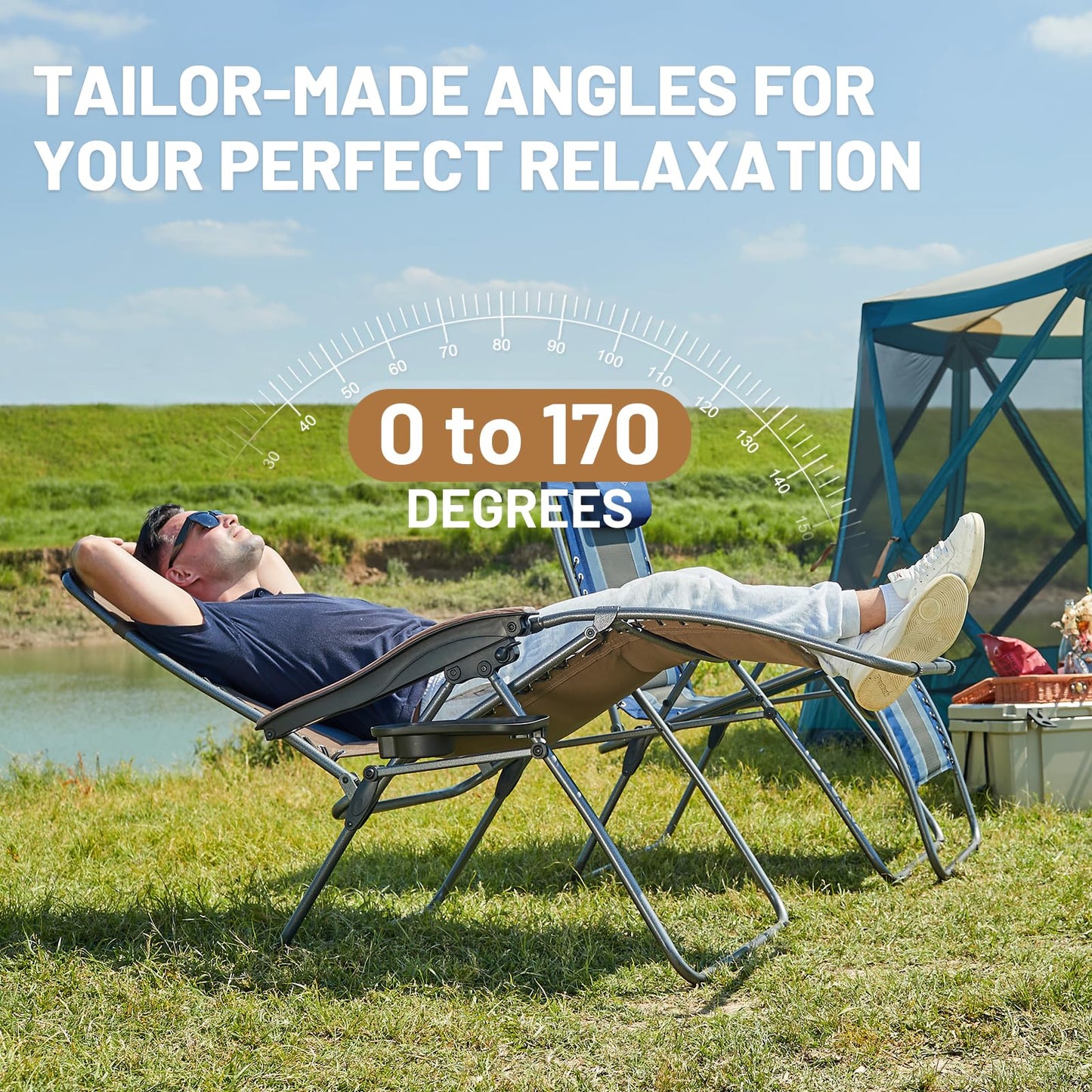 TIMBER RIDGE Outdoor Reclining Padded with Adjustable Headrest and Cup Holder Foldable Zero Gravity Lawn Chair for Adults, Supports 350 LBS, Brown-2 Pack