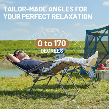 TIMBER RIDGE Outdoor Reclining Padded with Adjustable Headrest and Cup Holder Foldable Zero Gravity Lawn Chair for Adults, Supports 350 LBS, Brown-2 Pack