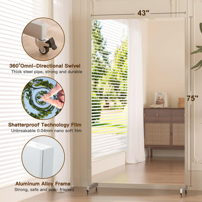 brisafe NanoMirror Non-Glass Ultra-Light Home Gym on Wheels, 75" x 32" Extra Large Full Body Mirror, Unbreakable & Shatterproof, 360° Swivel for Yoga, Dance, Fitness Studio & Home, Black