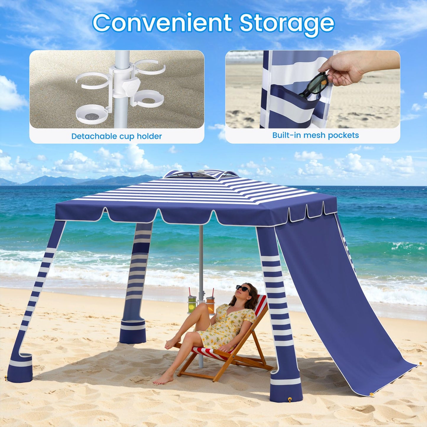 MoKo Beach Cabana,120 Sq. Ft. Large Beach Canopy Tent Sun Shade, UPF 50+ Protection Easy Setup Beach Tent, Adjustable Height Wind Resistant Cabana Sun Shelter for Whole Family, Navy Stripes