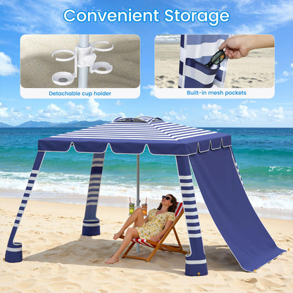 MoKo Beach Cabana,120 Sq. Ft. Large Beach Canopy Tent Sun Shade, UPF 50+ Protection Easy Setup Beach Tent, Adjustable Height Wind Resistant Cabana Sun Shelter for Whole Family, Navy Stripes