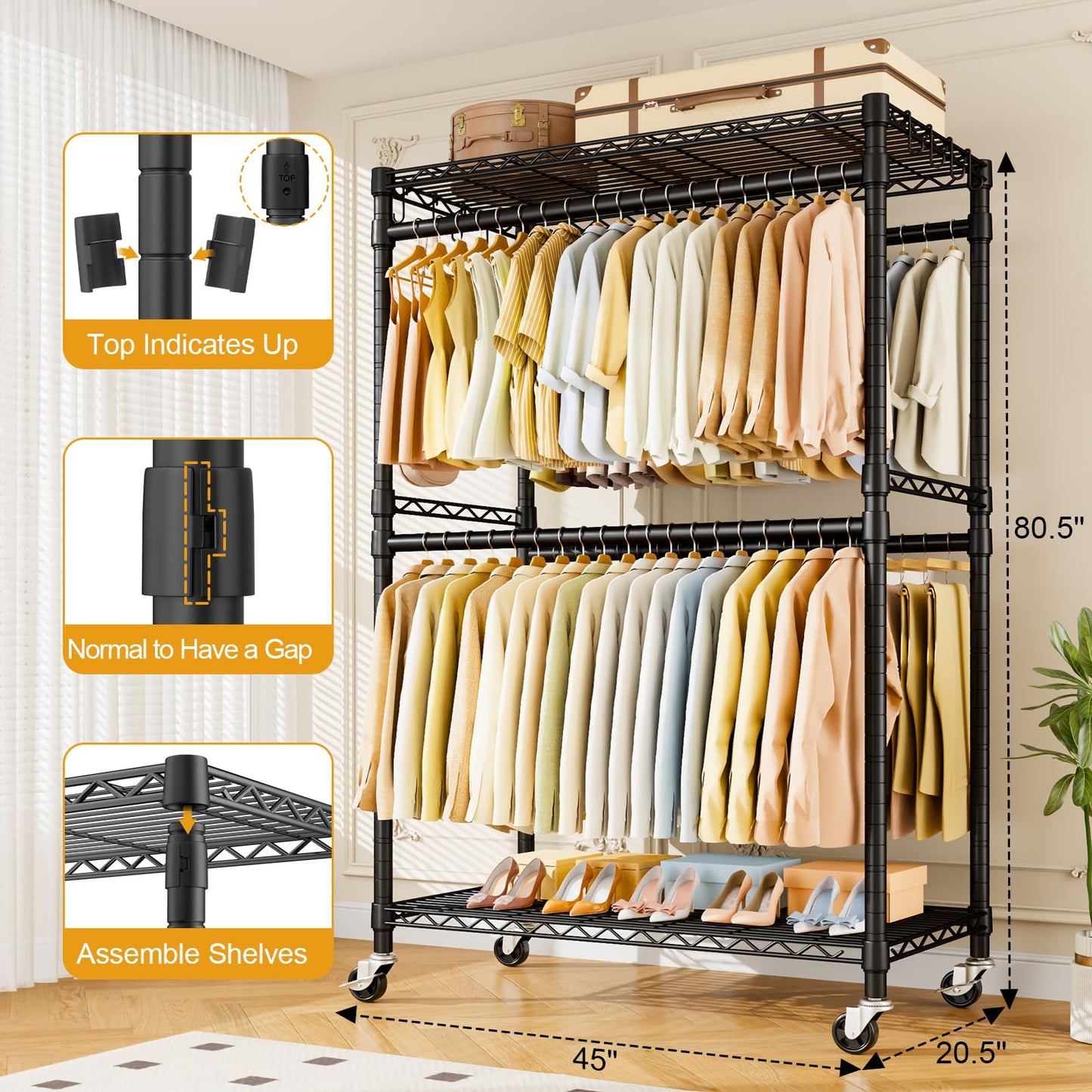 ULIFHOME P4 Plus Rolling Clothes Rack Heavy Duty, Clothing Racks for Hanging Clothes, Free Standing Garment Racks with Wheels, Portable Closet Rack 45''W × 20.5''D × 80.5''H, Max Load 570 Lbs, Black
