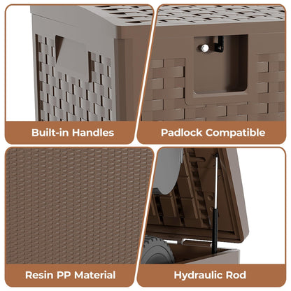 Hetoy 99 Gallon Resin Deck Storage Box, Waterproof Weather-Resistant Outdoor Storage Bin, Lockable Design for Patio Cushions, Garden Tools and Package Delivery, Brown
