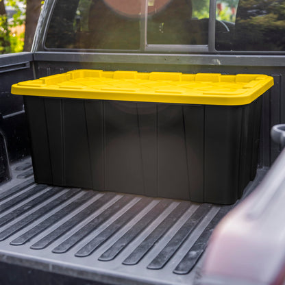 Sterilite 38 Gal Industrial Tote, Stackable Storage Bin with Snap-Fit Lid for Garage, Basement & Attic Storage, Black Base and Yellow Lily Lid, 4-Pack