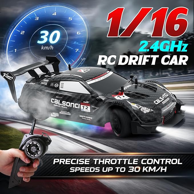 Remote Control Car RC Drift Car 1:16 Scale 4WD RC Vehicle with LED Lights 2.4GHz 30km/h RTR High Speed Racing Sport Toy for Adults Boys Girls Kids Gift 2Pcs Rechargeable Battery