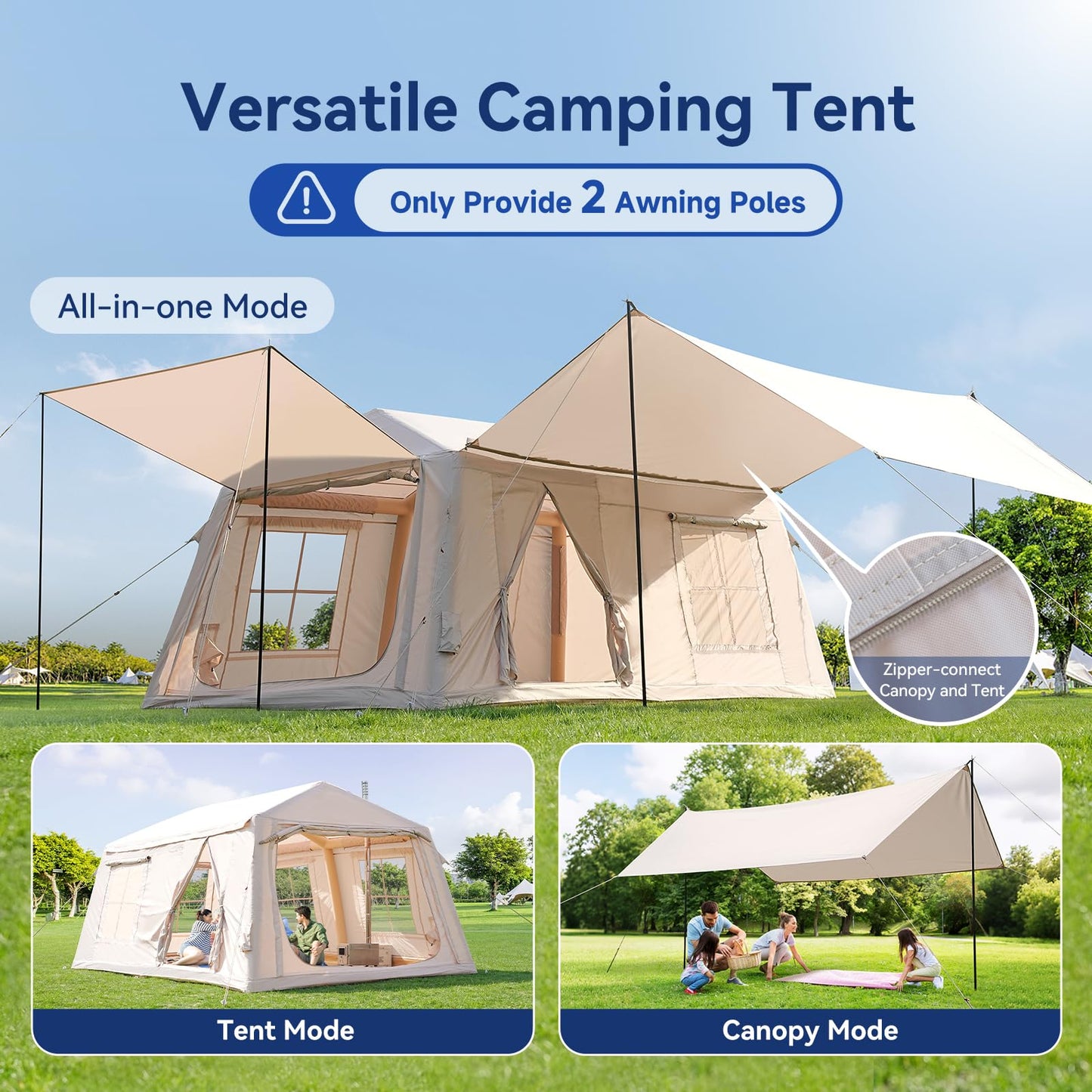 8-10 Person Inflatable Camping Tent with 2 Divider Rooms, Waterproof 300D Oxford Blow Up Hot Tent with Stove Jack, Awning & Skylight, Easy Setup Air Tent with Pump for Family Glamping