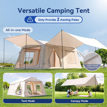 8-10 Person Inflatable Camping Tent with 2 Divider Rooms, Waterproof 300D Oxford Blow Up Hot Tent with Stove Jack, Awning & Skylight, Easy Setup Air Tent with Pump for Family Glamping
