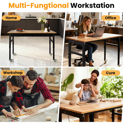 60" x 24" Heavy Duty Workbench with ETL Power Outlet, 8-Level Height Adjustment (29.5"-39.4"), Rubberwood Top with 2000 Lbs Capacity, for Garage/Workshop/Home Office, Metal Casters & Pegboard