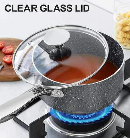 MICHELANGELO Nonstick Sauce Pan - 1 Quart with Lid & Stainless Steel Handle | Grey Granite Finish