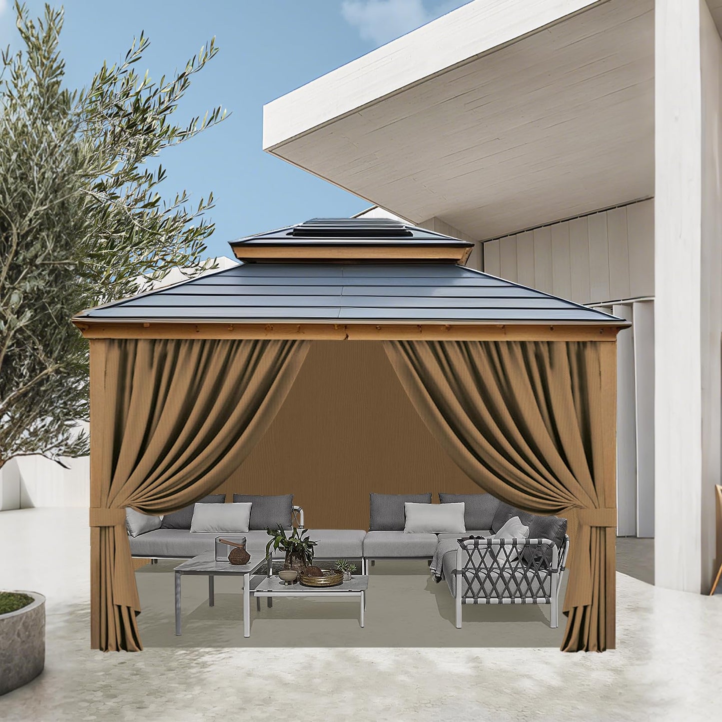 Universal Replacement Privacy Curtains for Gazebos, 10x12 ft Outdoor Waterproof with Large Mosquito-Proof Window Opening, 2-Piece Four-Sided Side Walls with Zippers (Curtains Only, Khaki)