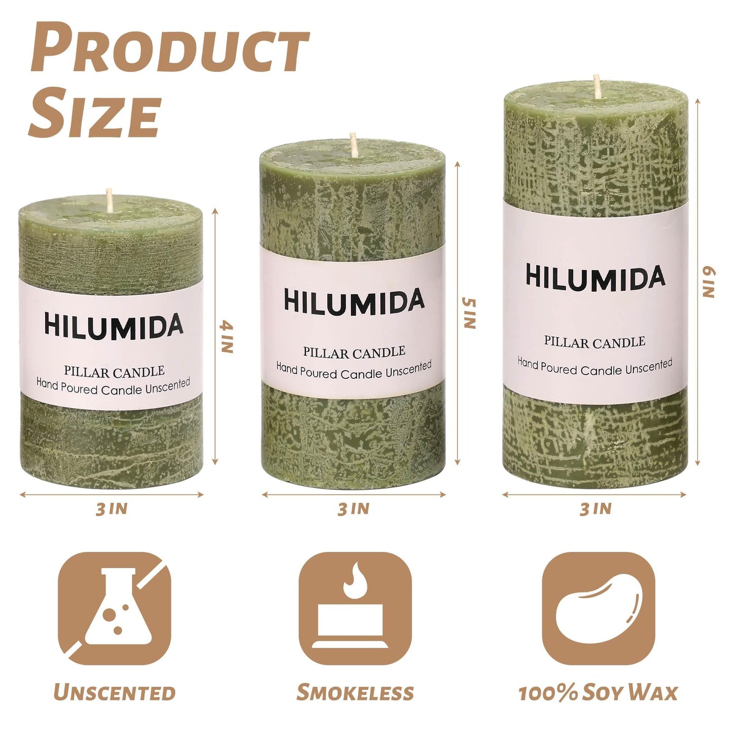 Moss Green Pillar Candles Set of 3 - Hand-Poured Unscented Candles,Smokeless Dripless Candles for Dinner Table and Home, Set of 3 in Different Sizes (3"x4", 3"x5", 3"x6")