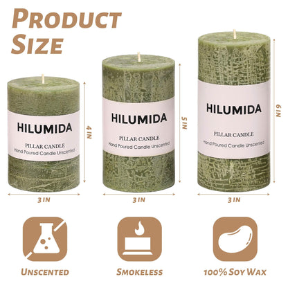 Moss Green Pillar Candles Set of 3 - Hand-Poured Unscented Candles,Smokeless Dripless Candles for Dinner Table and Home, Set of 3 in Different Sizes (3"x4", 3"x5", 3"x6")