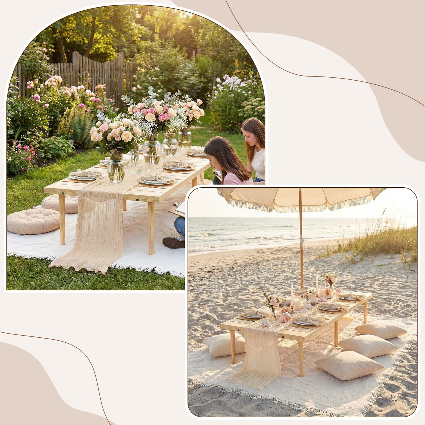Novabright Boho Picnic Kit 22'' x 44'' Folding Picnic Table 91" x 71" Extra Large Outdoor Boho Blanket with Beige Table Runner and 6 Napkins for Camping Wedding Birthday Baby Shower Party Decor