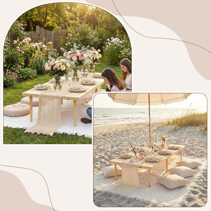 Novabright Boho Picnic Kit 22'' x 44'' Folding Picnic Table 91" x 71" Extra Large Outdoor Boho Blanket with Beige Table Runner and 6 Napkins for Camping Wedding Birthday Baby Shower Party Decor