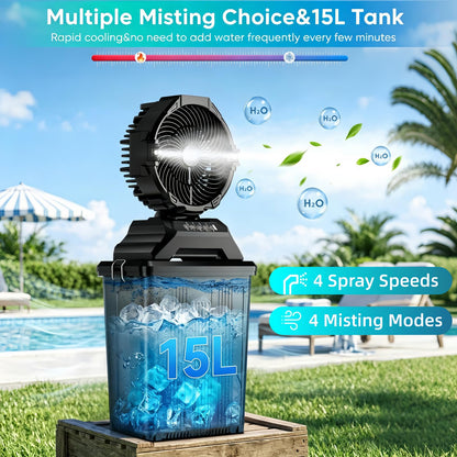 Portable Misting Fan for Outside,40000mAh Rechargeable Camping Mister Fan,15L Cooling Fan with Remote,Ice Fan with 4 Spray Speeds,4 Misting Modes,3 Light Modes for Garden/Camping/Party/Fishing